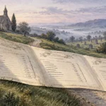 Watercolor illustration of a large itemized scroll lying across a grassy hillside by a graveyard and chapel.