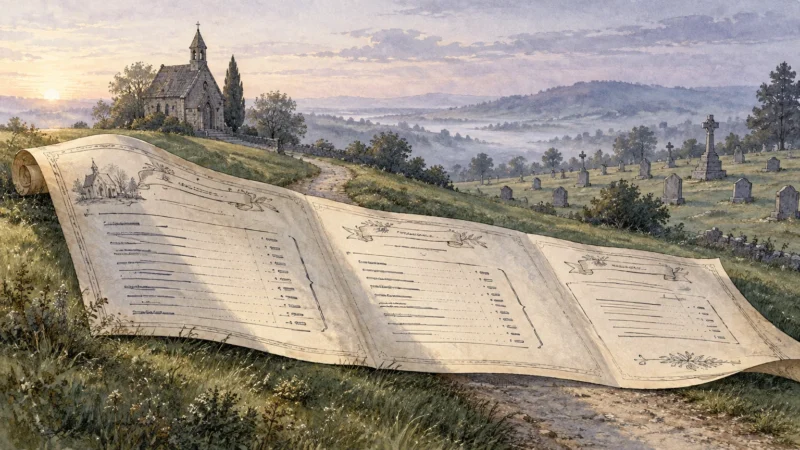 Watercolor illustration of a large itemized scroll lying across a grassy hillside by a graveyard and chapel.