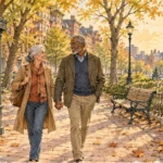 Watercolor illustration of an older couple walking in an autumn park past a kiosk poster reading 2026 Tax Relief.