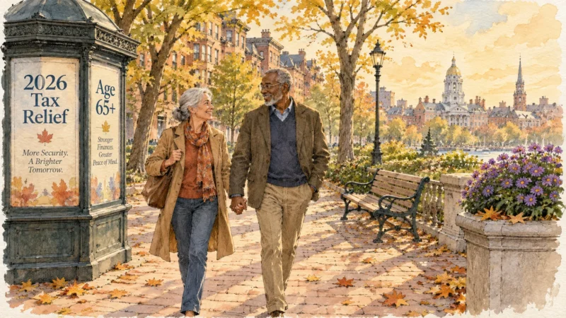 Watercolor illustration of an older couple walking in an autumn park past a kiosk poster reading 2026 Tax Relief.