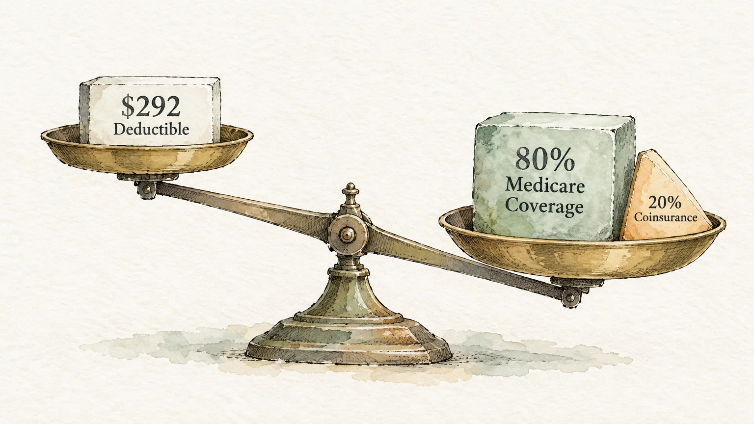 A brass balance scale weighing a $292 Deductible block against 80% Medicare Coverage and 20% Coinsurance blocks.