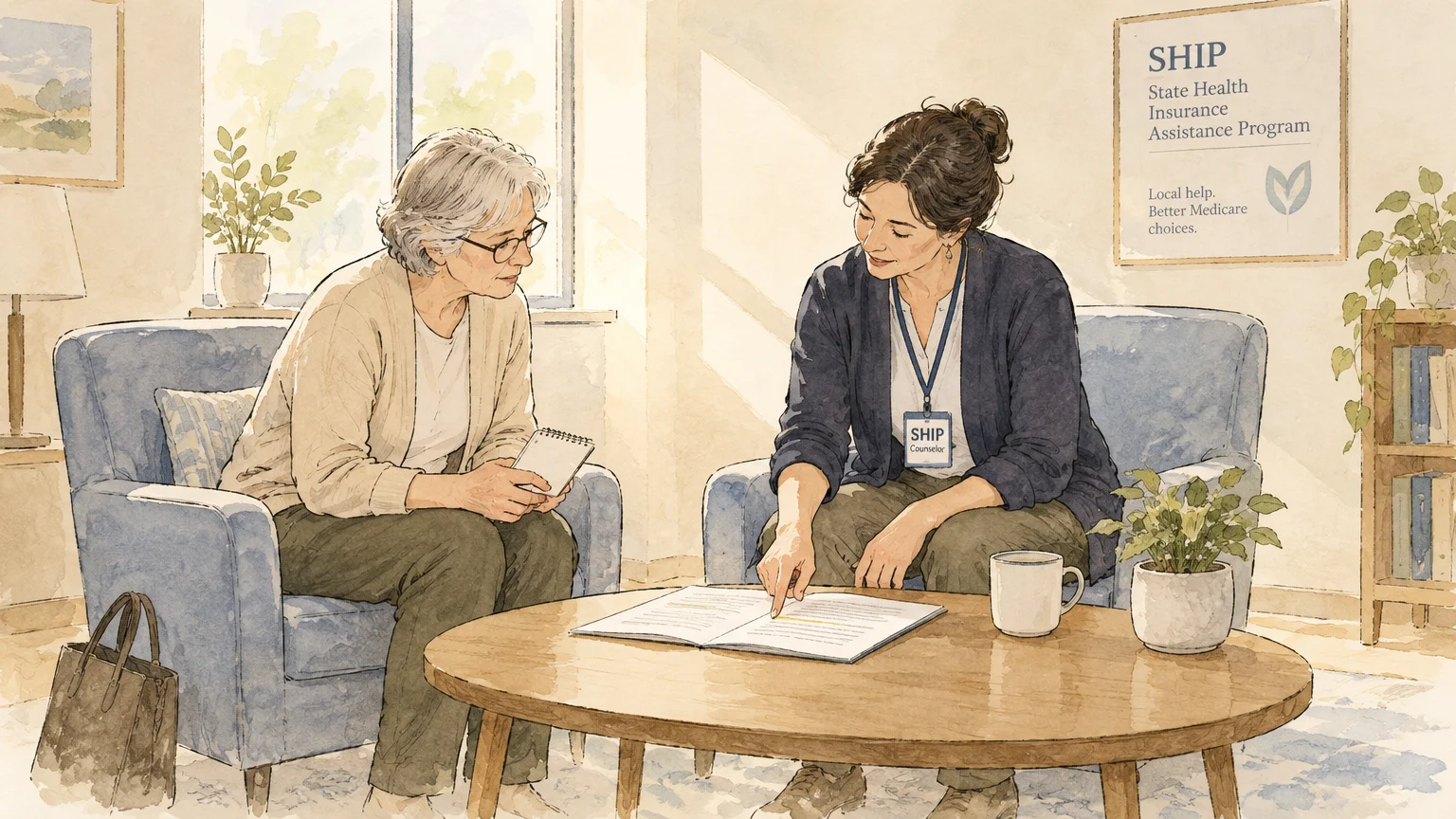 Watercolor illustration of a senior woman consulting a SHIP counselor pointing to open paperwork on a table.