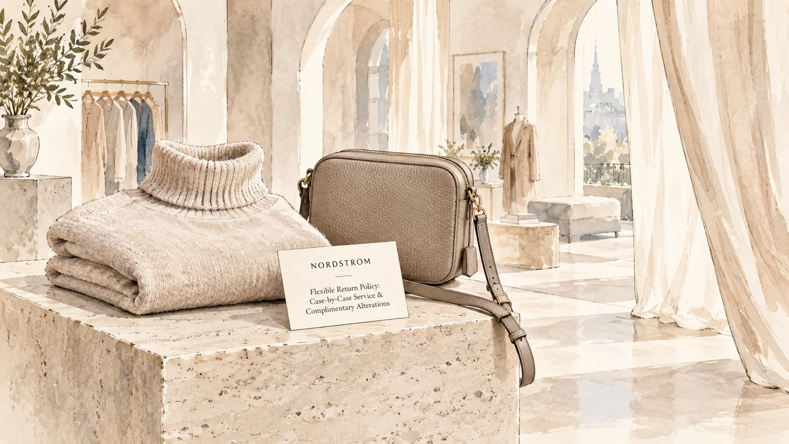 Watercolor illustration of a folded knit sweater, leather crossbody bag, and Nordstrom policy card on a marble plinth.