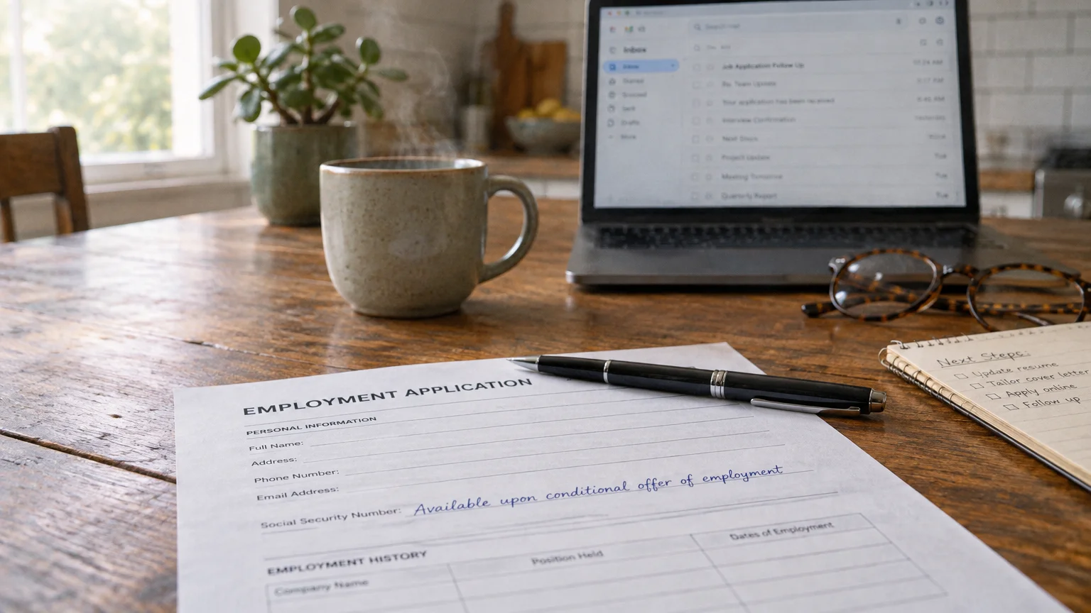Paper employment application with handwritten text in the Social Security field next to a pen, laptop, and coffee mug.