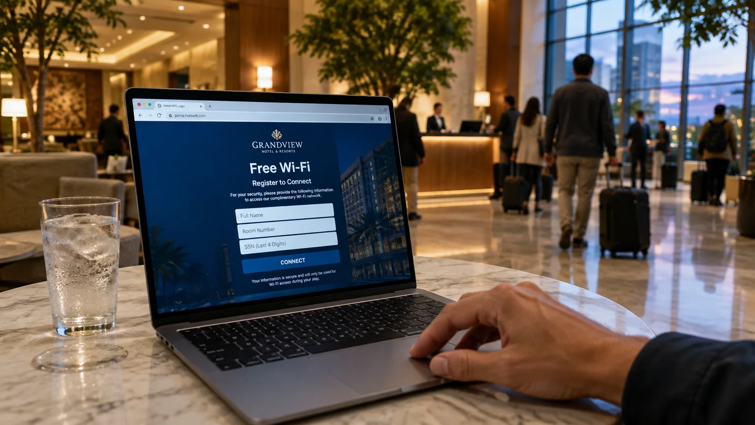 Laptop in a hotel lobby showing a Wi-Fi login portal requesting a full name, room number, and SSN.