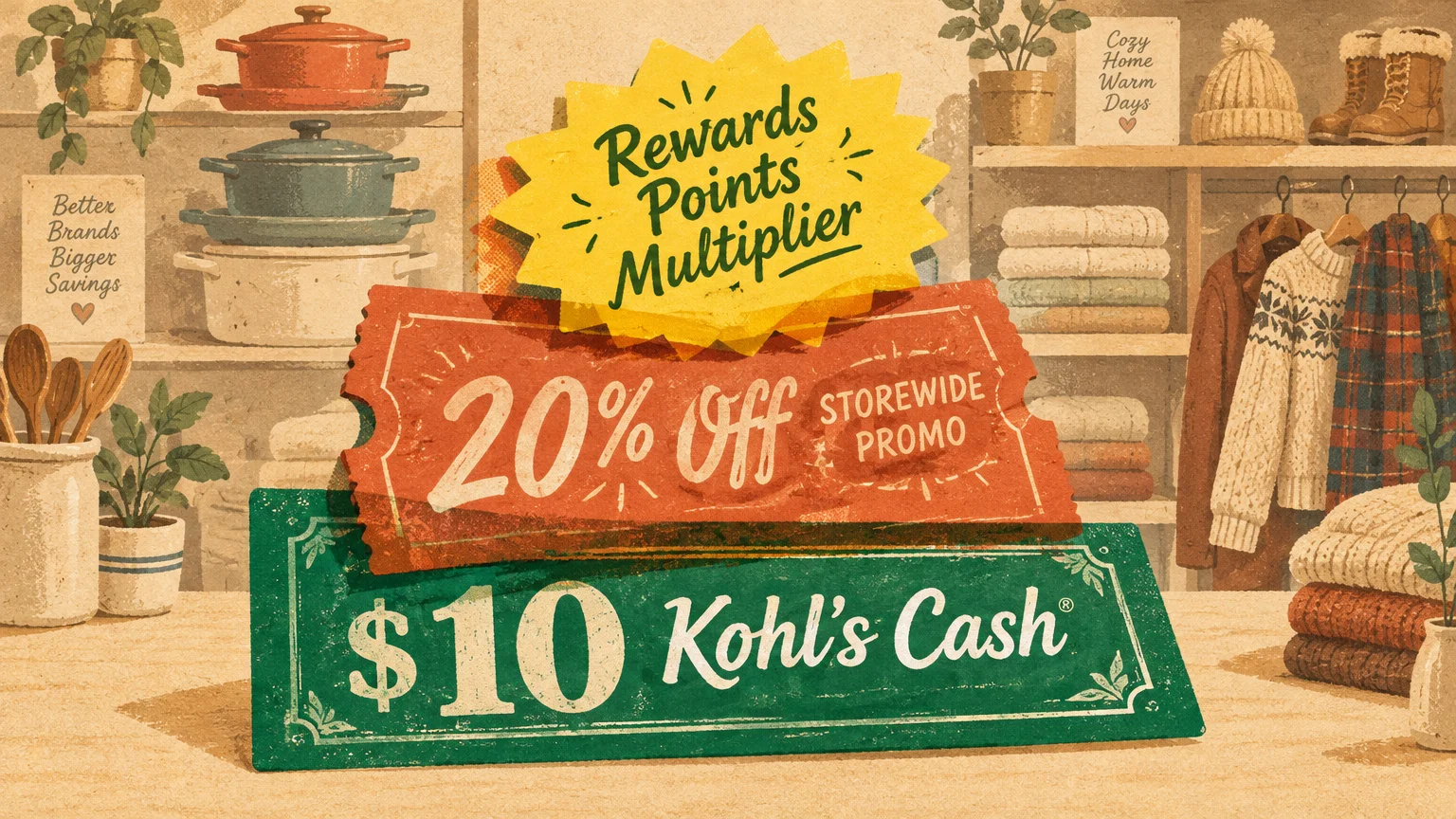 Illustration of promotional signs for Rewards Points Multiplier, 20% Off Storewide Promo, and $10 Kohl's Cash.