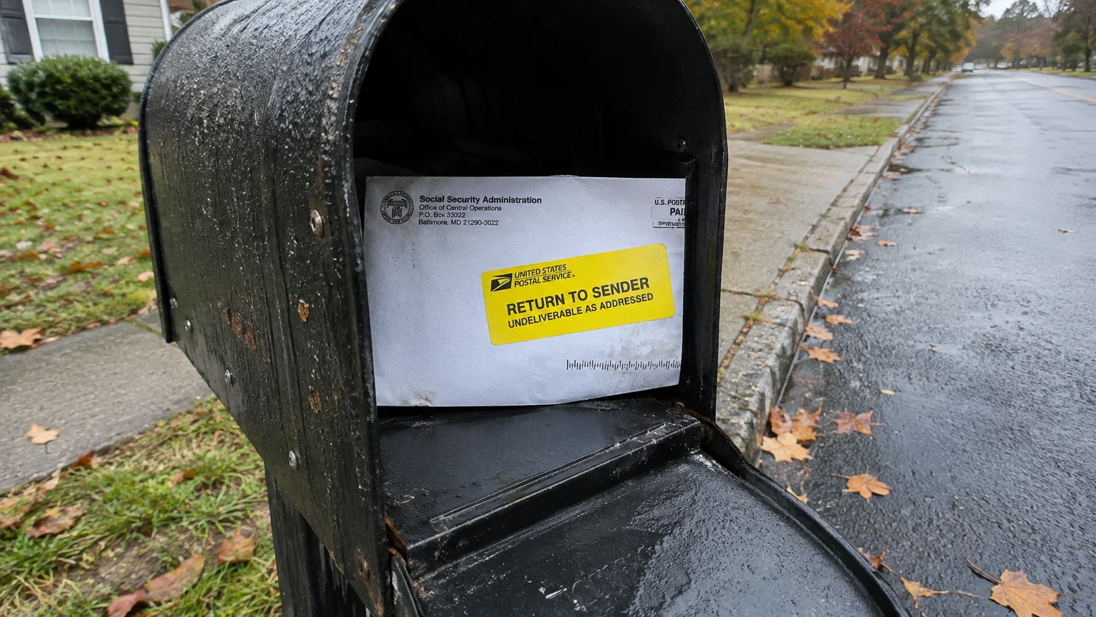 Open black mailbox holding a Social Security Administration letter marked with a yellow Return to Sender sticker.