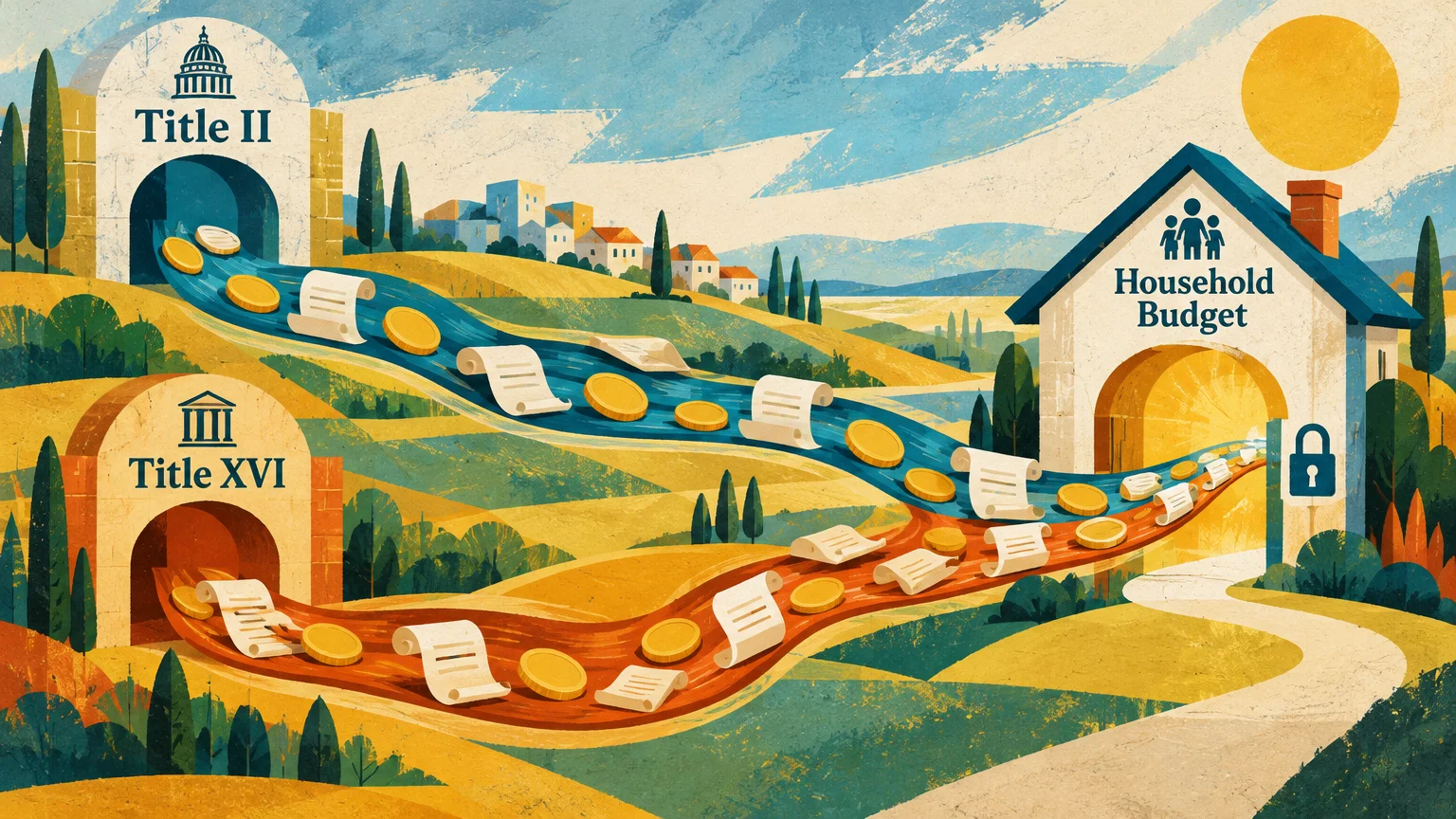 Illustration of streams labeled Title II and Title XVI flowing coins and papers toward a household budget structure.