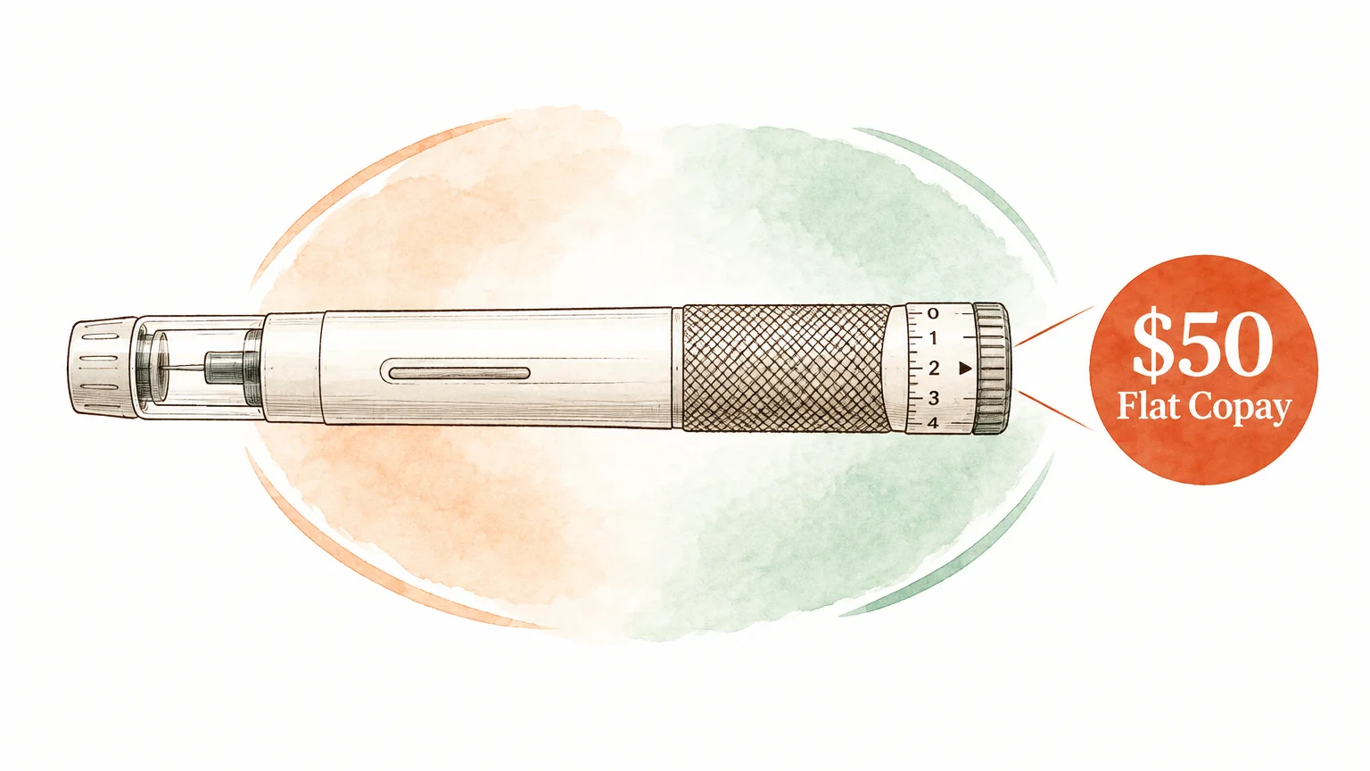Illustration of an injector pen beside an orange circular callout reading "$50 Flat Copay.