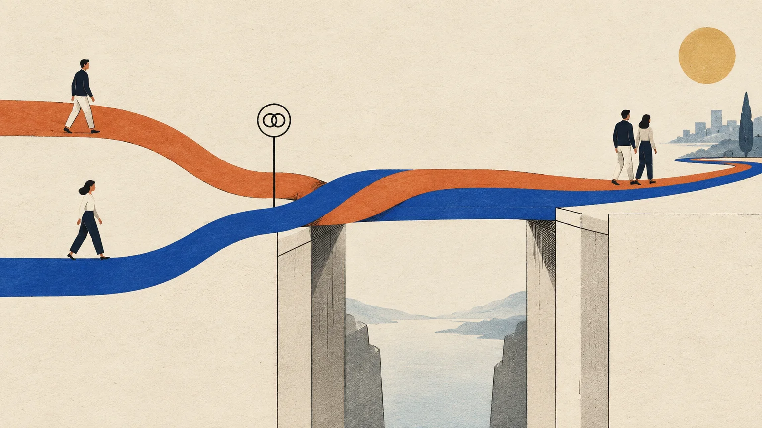 Illustration of two separate paths merging into a single bridge where a couple walks together toward a distant city.