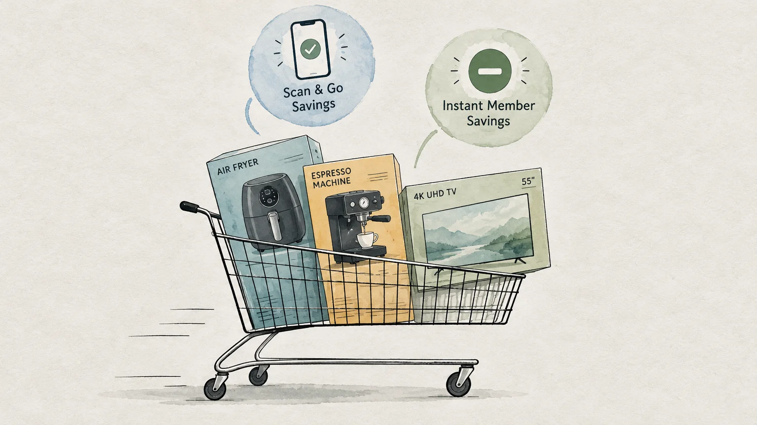 Illustration of a shopping cart loaded with boxed appliances and a 4K TV beneath member savings speech bubbles.