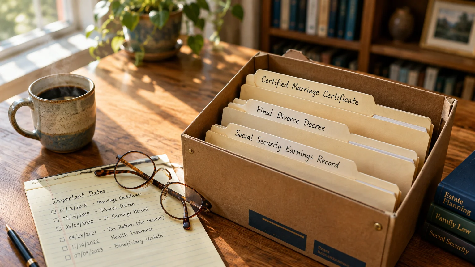File box on a desk with labeled folders for a marriage certificate, divorce decree, and earnings record beside glasses.