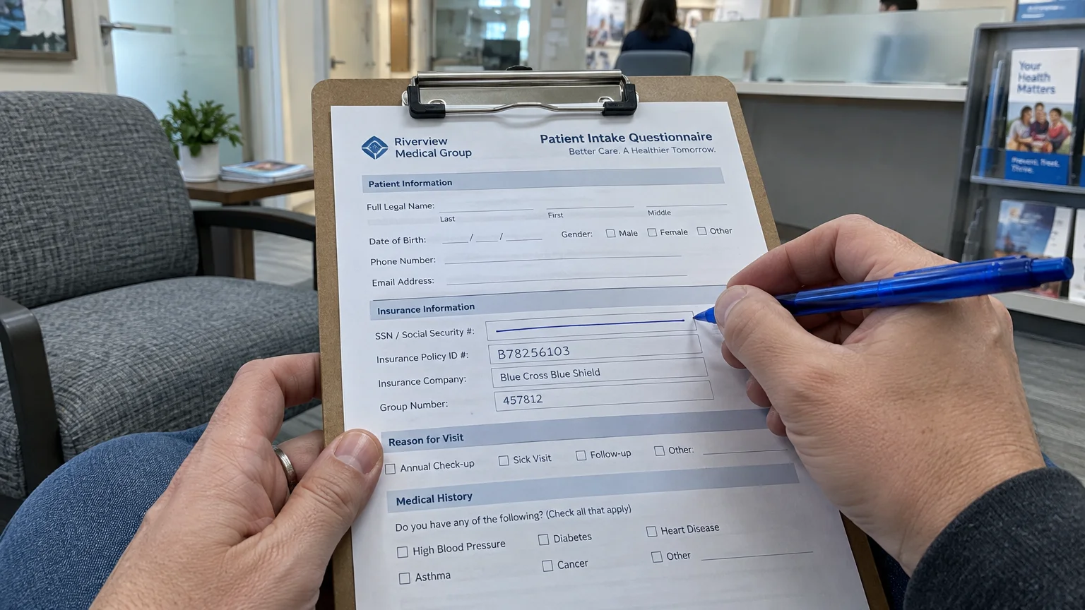 A patient filling out a medical intake questionnaire on a clipboard in a waiting room, drawing a line across the SSN field.