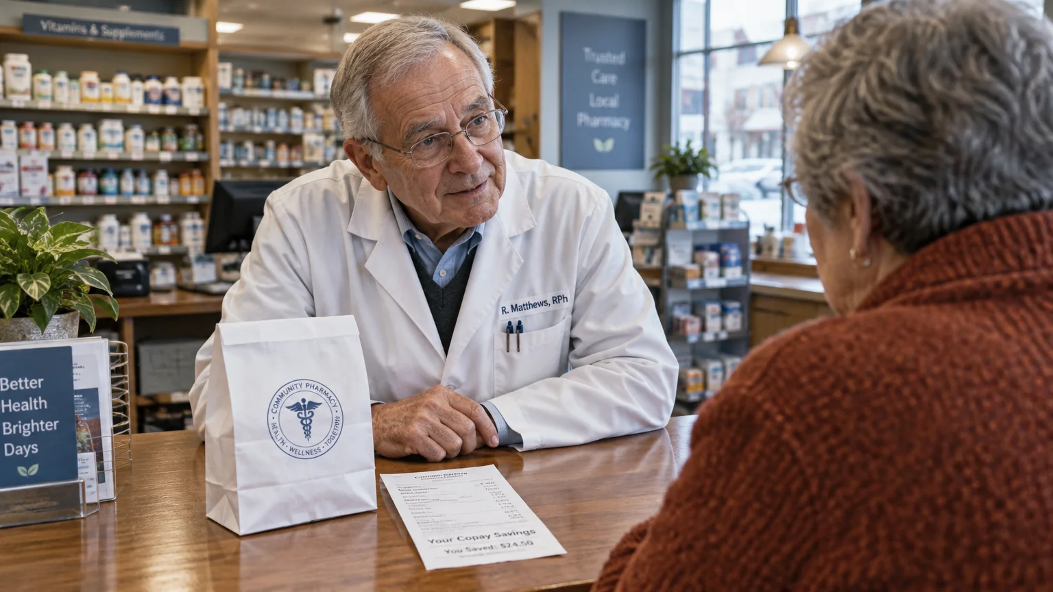 A male pharmacist in a white coat speaking to a customer across the pharmacy counter beside a prescription paper bag.