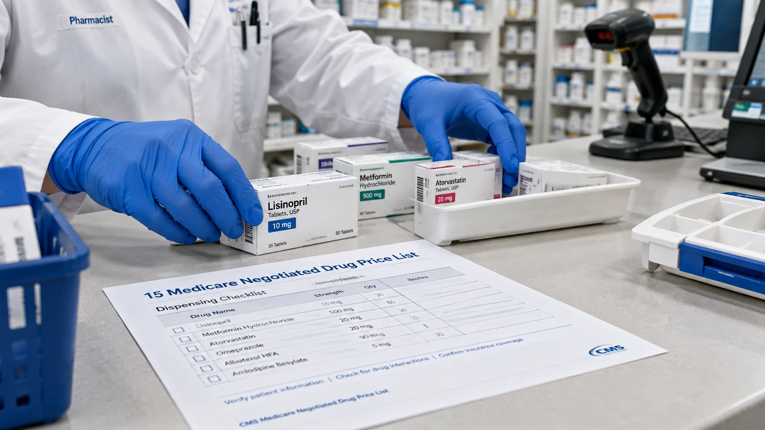Pharmacist in blue gloves organizing medication boxes beside a Medicare drug price checklist on a pharmacy counter.