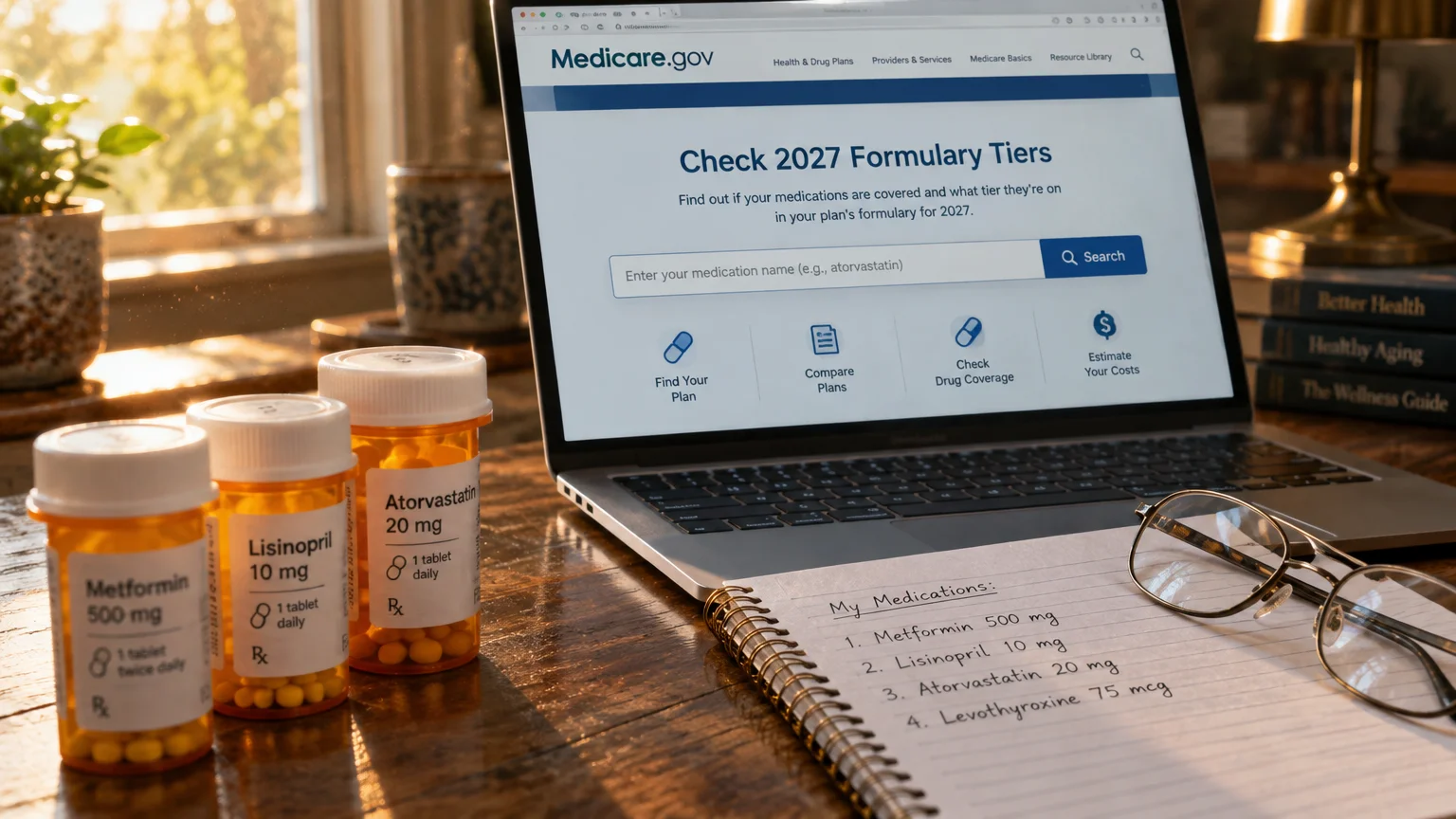 Prescription pill bottles, a handwritten list, and glasses sit by a laptop displaying Medicare.gov on a wooden desk.