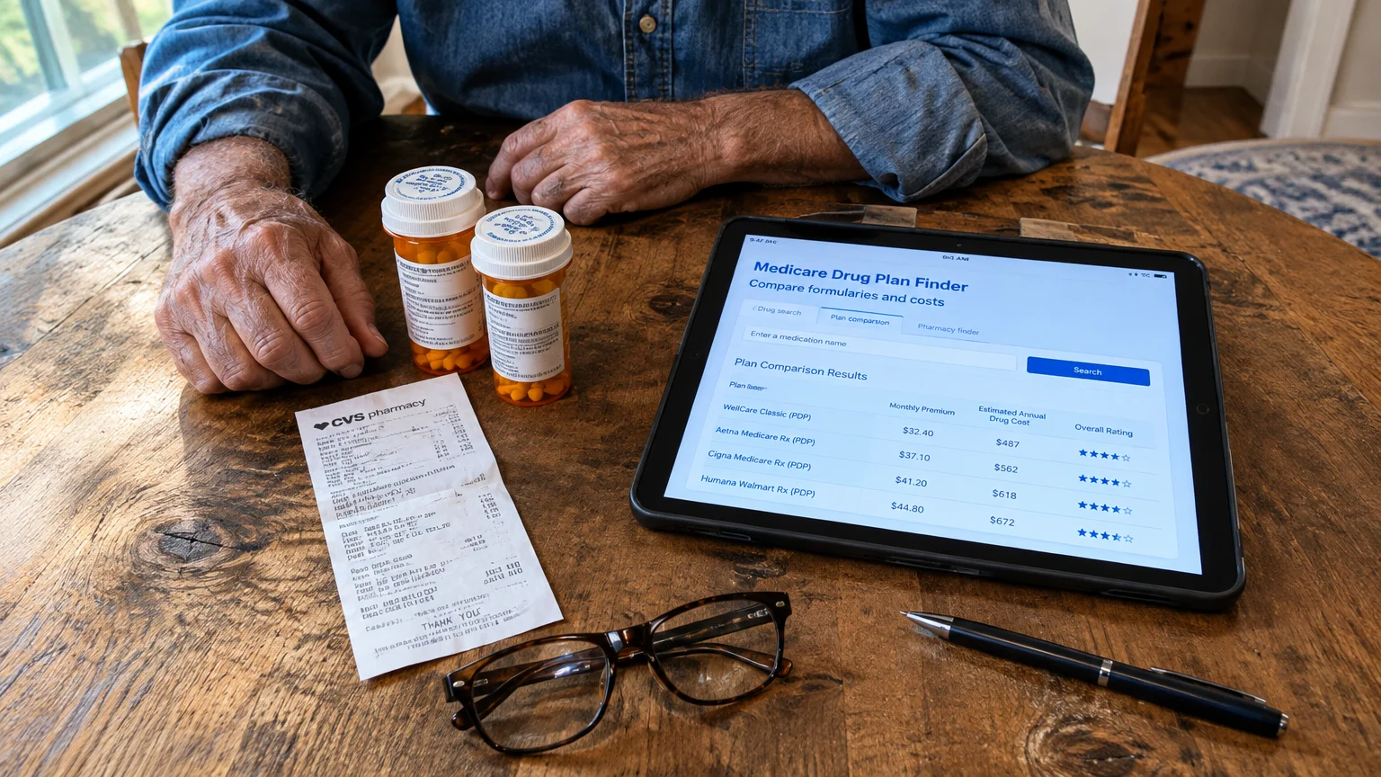 Senior sitting at a table with prescription bottles, a pharmacy receipt, eyeglasses, and a tablet displaying Medicare plans.