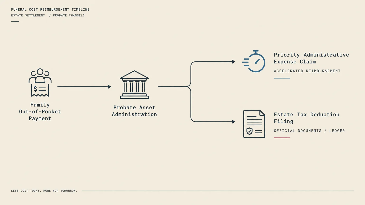 Flowchart showing family out-of-pocket payment leading to probate administration, branching to expense claim and tax filing.
