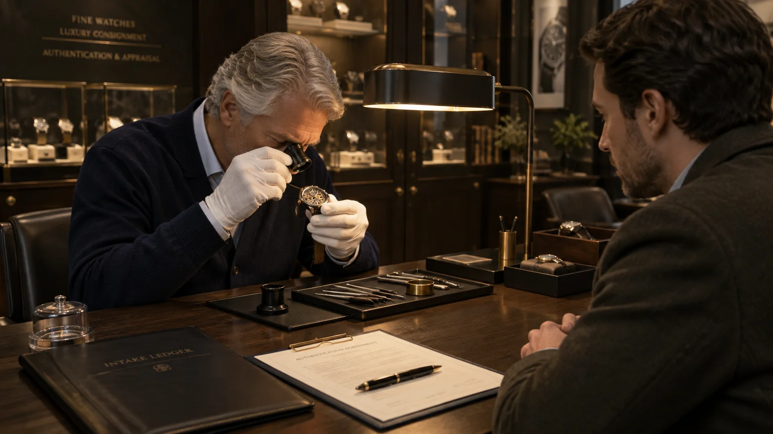 An appraiser wearing white gloves inspects a luxury watch with a loupe across a desk from a seated client.