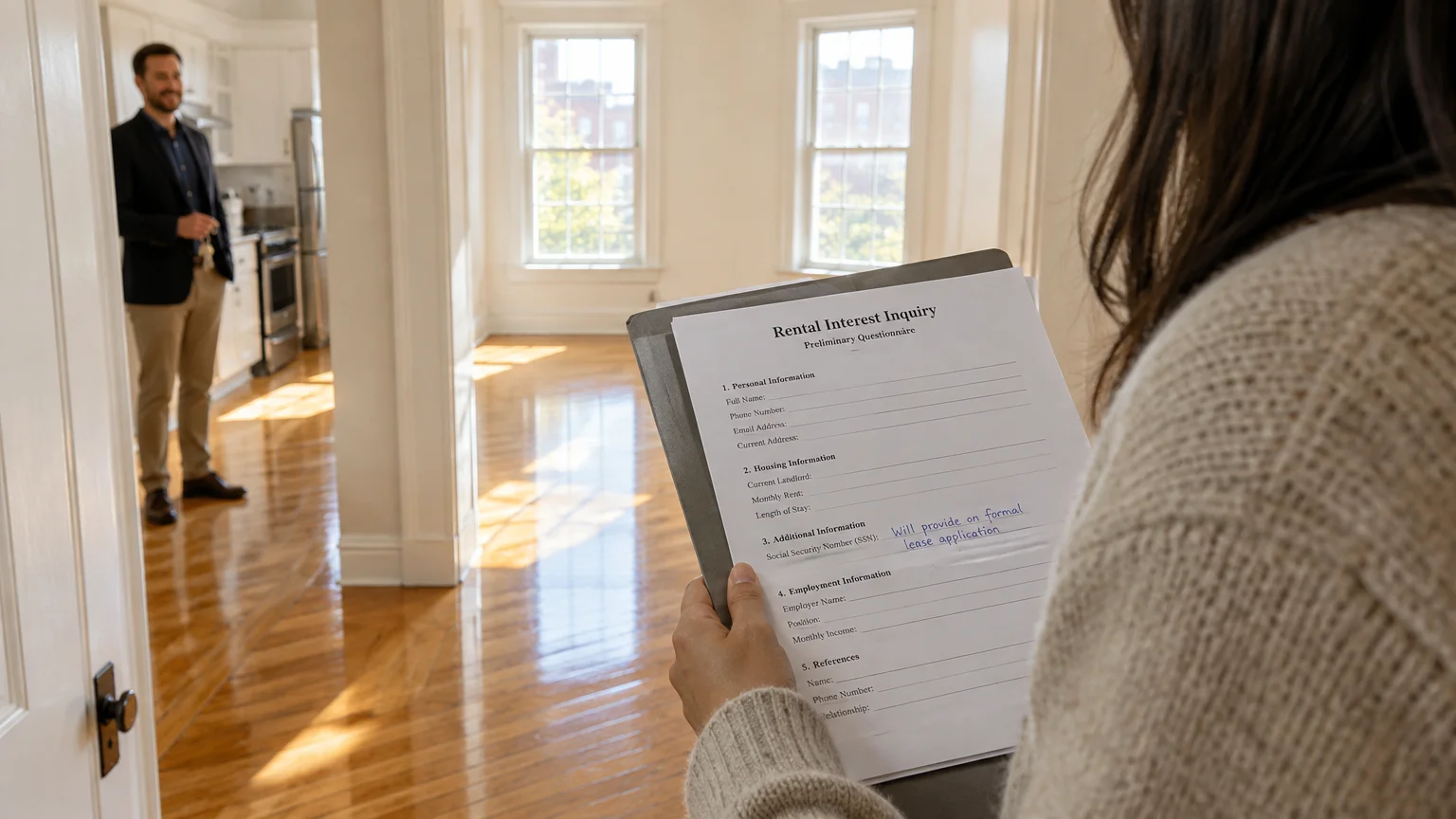 Person holds a rental inquiry form refusing an SSN while touring an empty apartment with a landlord standing nearby.