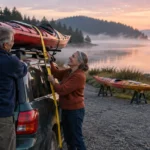 Older couple strapping a red kayak to a green car's roof rack near a misty lake at sunrise.