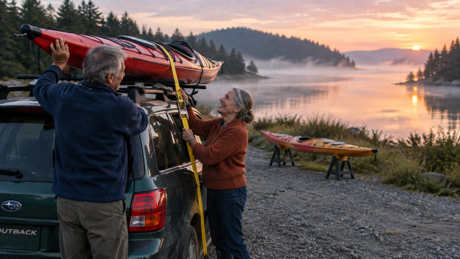 Older couple strapping a red kayak to a green car's roof rack near a misty lake at sunrise.
