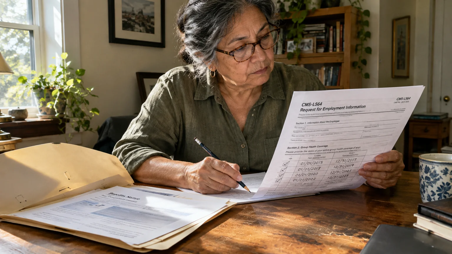 A woman with glasses sits at a wooden table reviewing a Form CMS-L564 paper document with a pencil in hand.