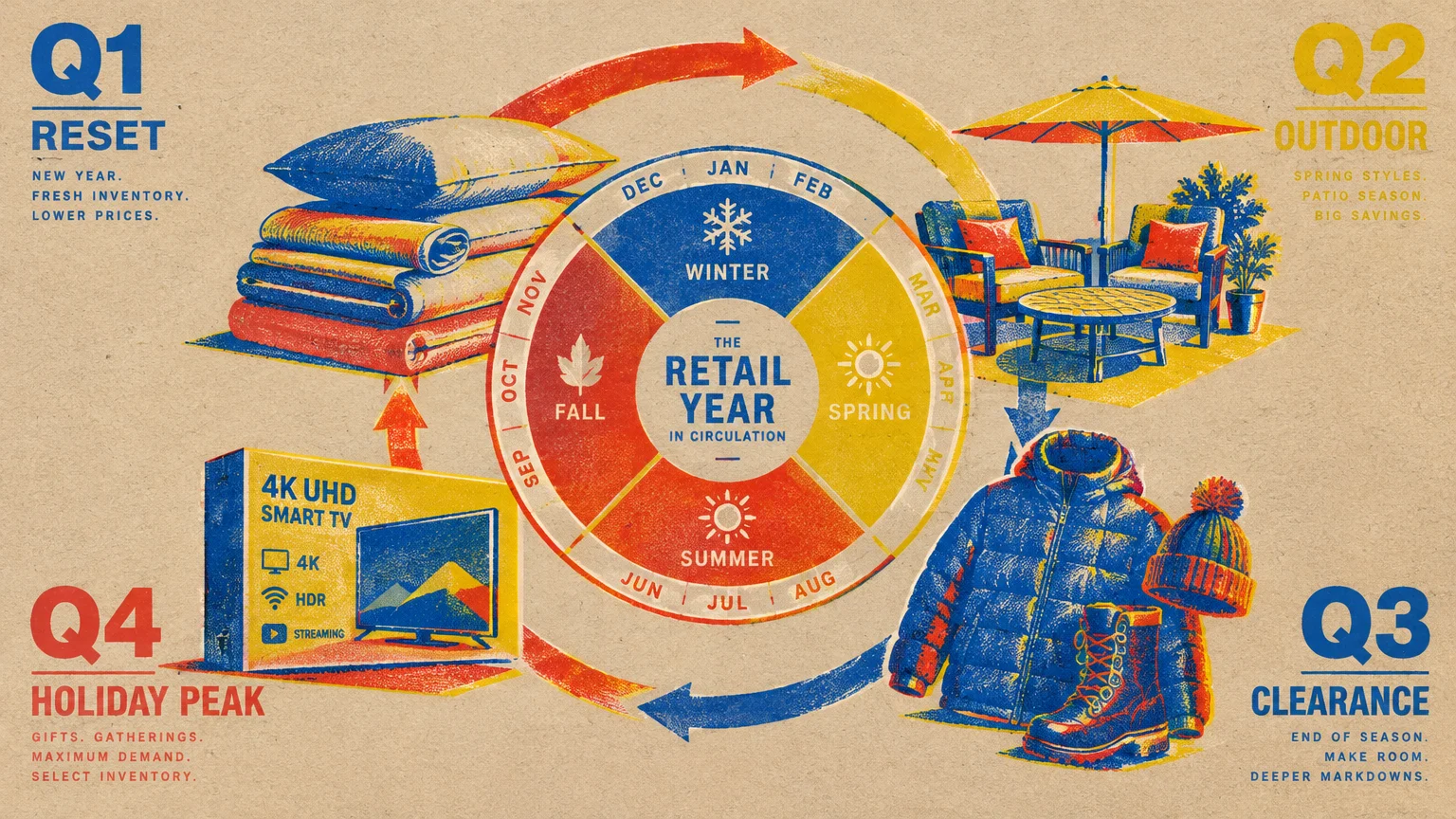 Infographic showing four retail quarters with seasonal goods like bedding, patio furniture, winter gear, and a television.