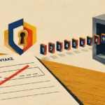 Illustration of an intake form with a crossed-out SSN line, beside numbered blocks entering an open safe.
