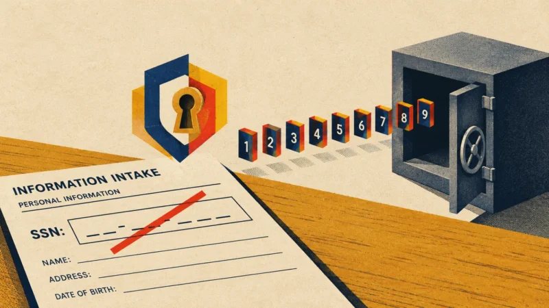 Illustration of an intake form with a crossed-out SSN line, beside numbered blocks entering an open safe.