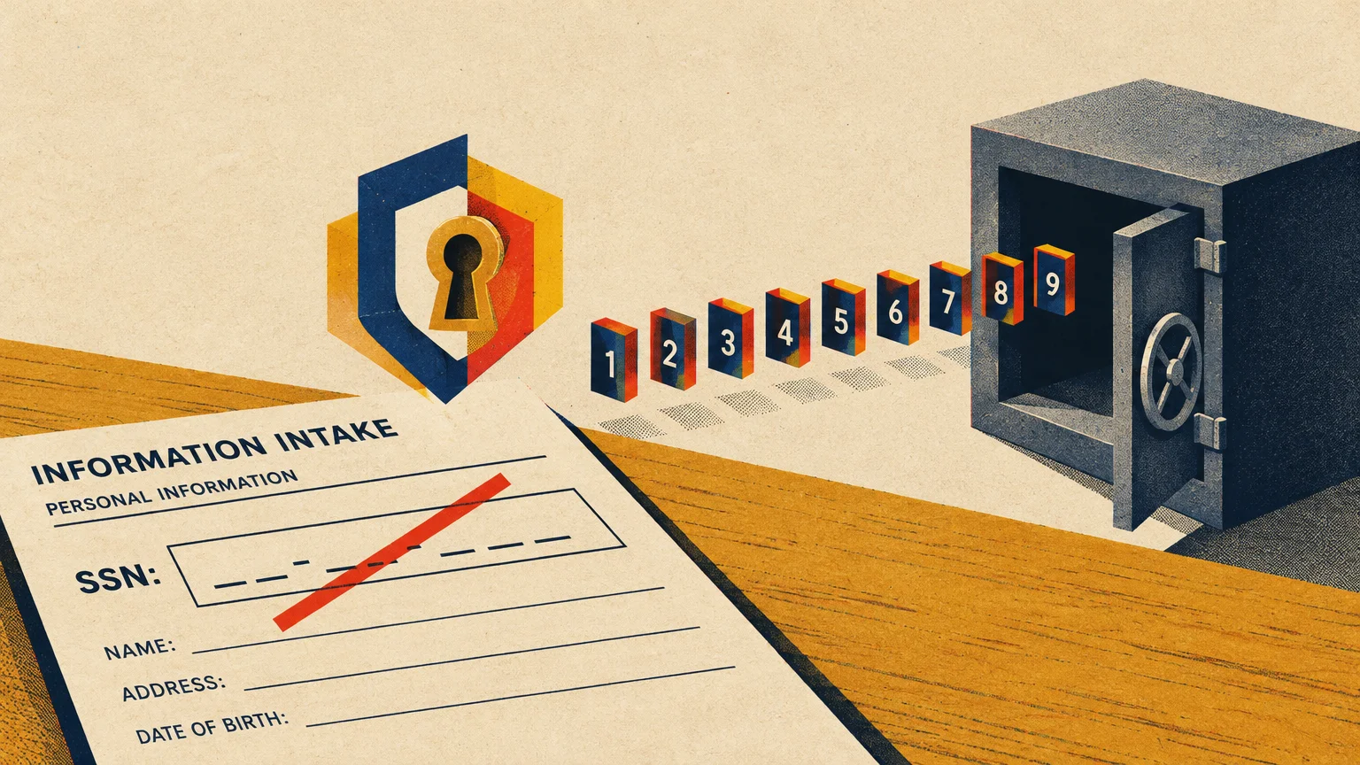 Illustration of an intake form with a crossed-out SSN line, beside numbered blocks entering an open safe.