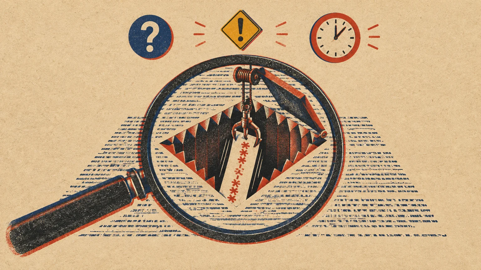 Screenprint illustration of a magnifying glass over text, revealing a claw crane lifting a redacted document from a bear trap.