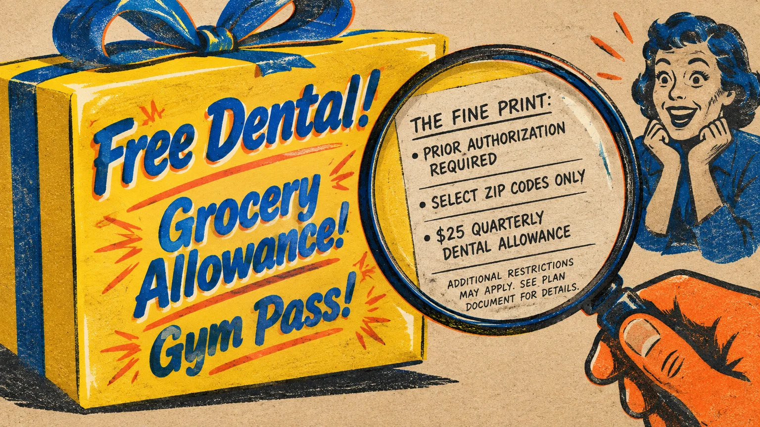 Retro illustration of a magnifying glass inspecting fine print restrictions on a gift box offering dental and groceries.