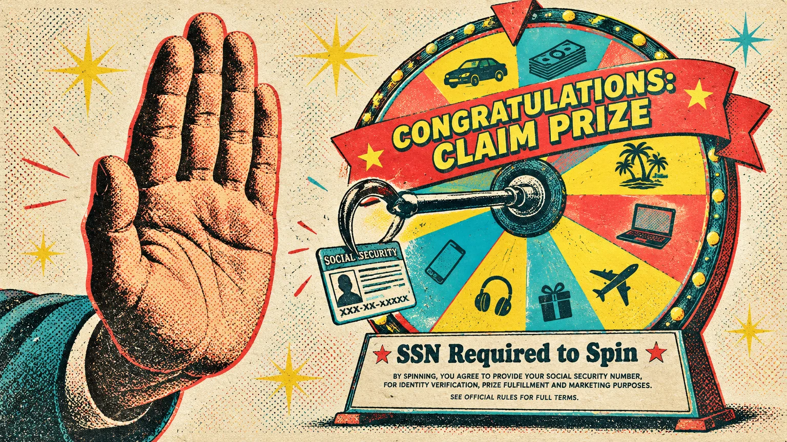 Screenprint illustration of an open hand gesturing stop next to a prize wheel requiring an SSN to spin.
