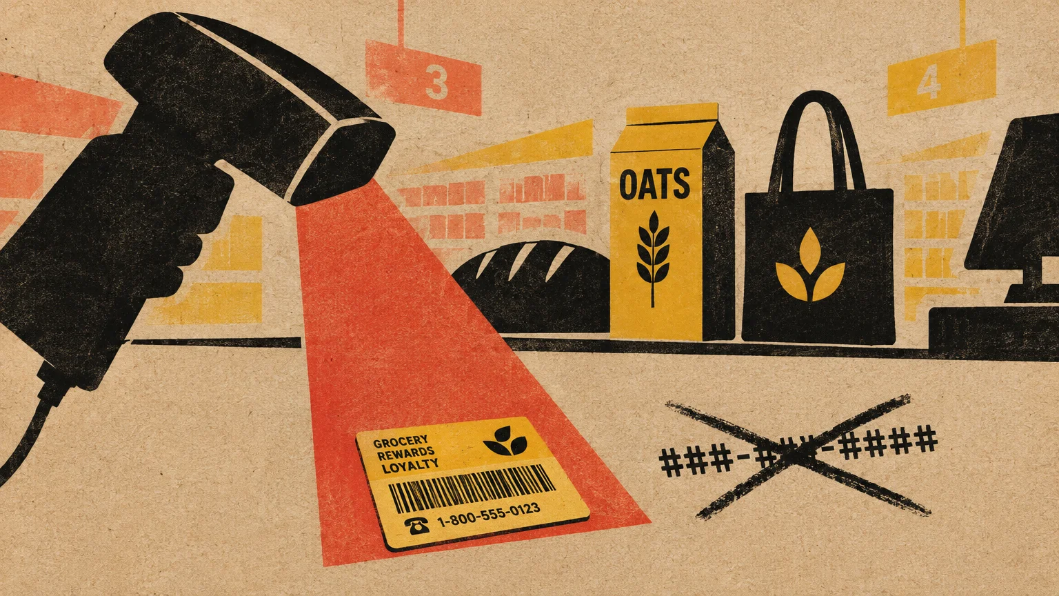 Screenprint of a barcode scanner beaming red light onto a loyalty card next to a crossed-out number format and groceries.