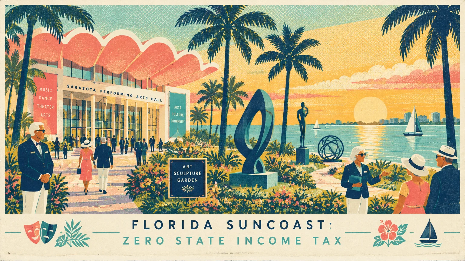 Screenprint illustration of a waterfront arts hall and sculpture garden with staff assisting visitors among palm trees.