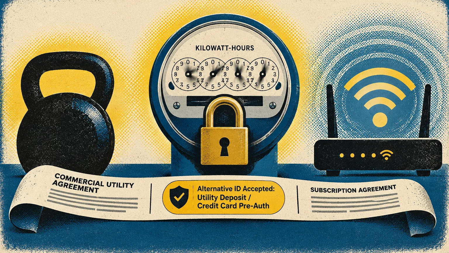 Screenprint illustration of a kettlebell, locked kilowatt-hour meter, Wi-Fi router, and a banner detailing utility agreements.