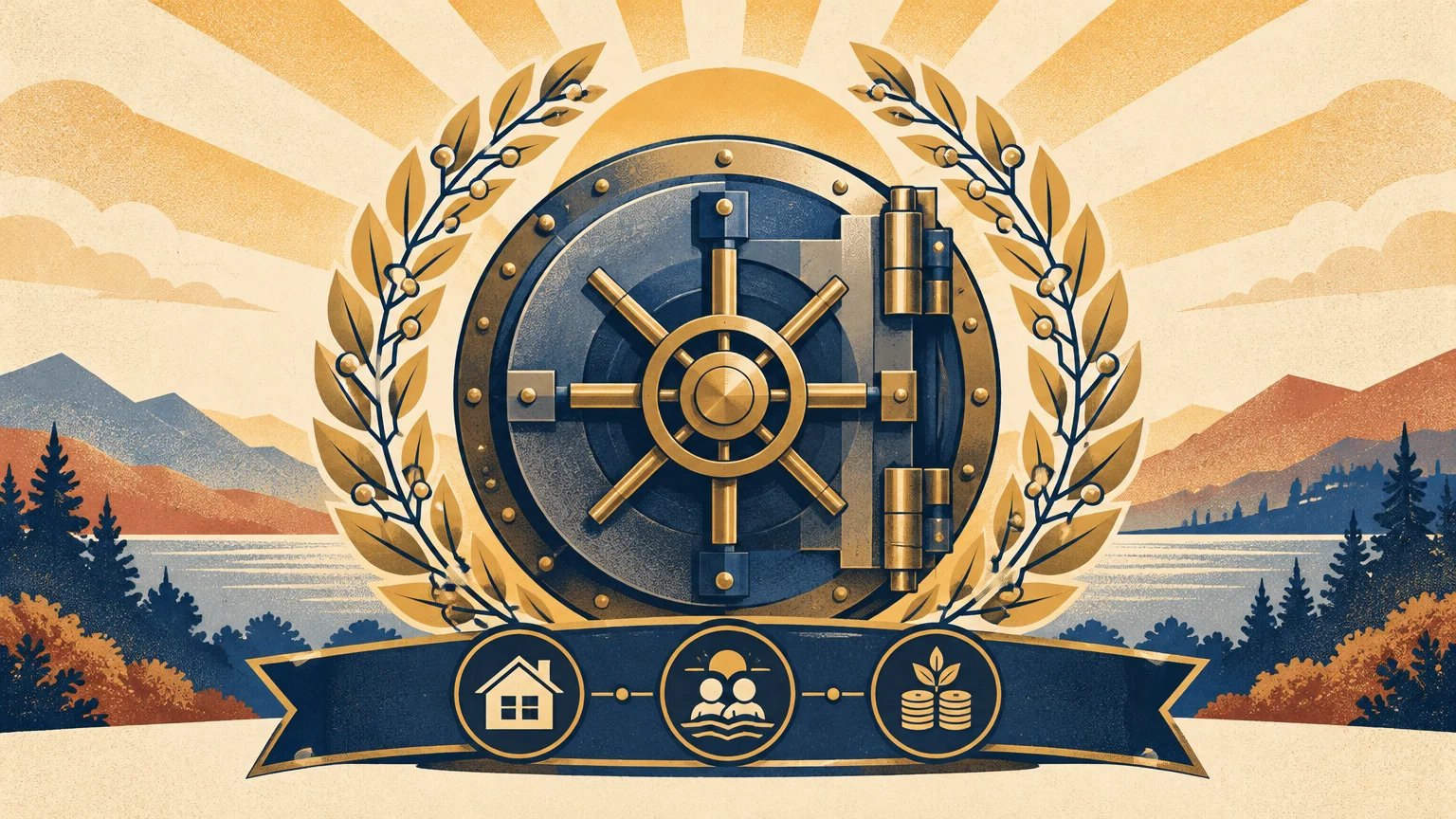 Bank vault door framed by a golden laurel wreath and a ribbon with icons against a mountain landscape.
