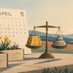 Illustration of an April calendar, planter boxes, and a balance scale weighing tax deductions against retirement cash flow.
