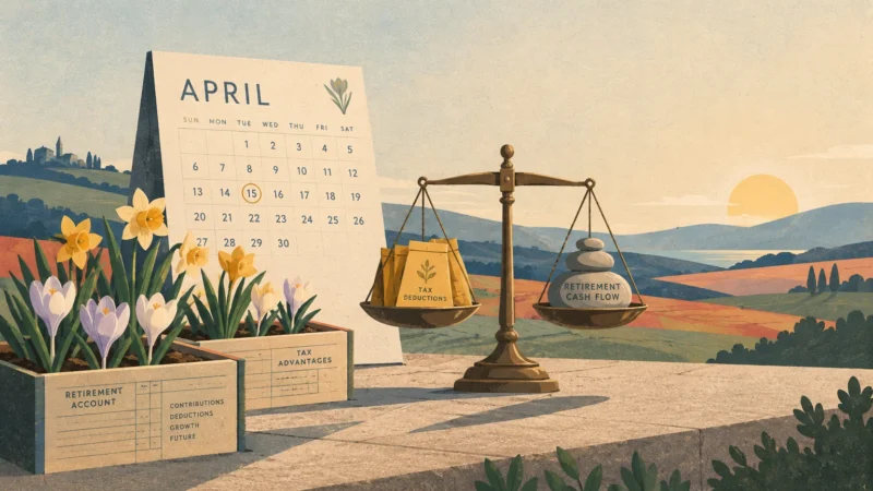 Illustration of an April calendar, planter boxes, and a balance scale weighing tax deductions against retirement cash flow.