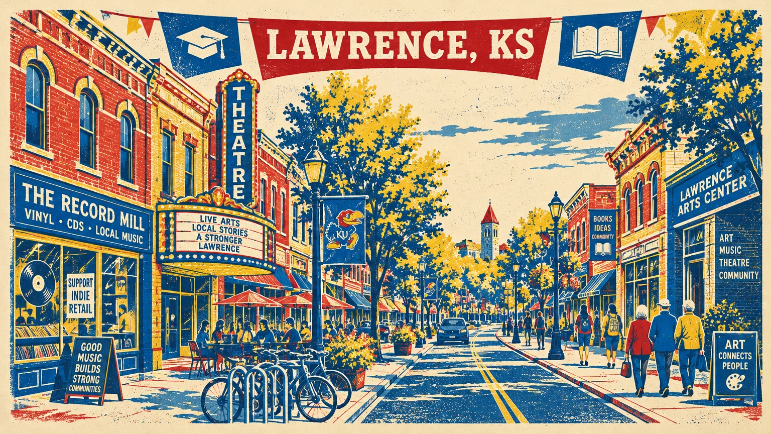 Screenprint illustration of a bustling downtown street in Lawrence, Kansas with a theater marquee, shops, and pedestrians.