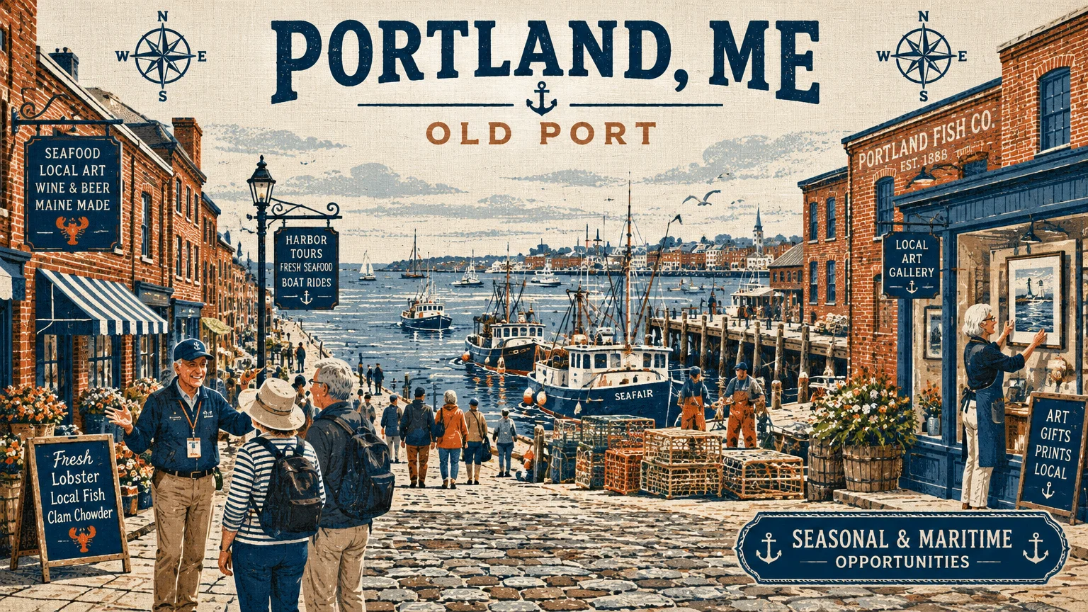 Illustration of Portland harbor with cobblestone street, fishing boats, brick storefronts, and working seniors.