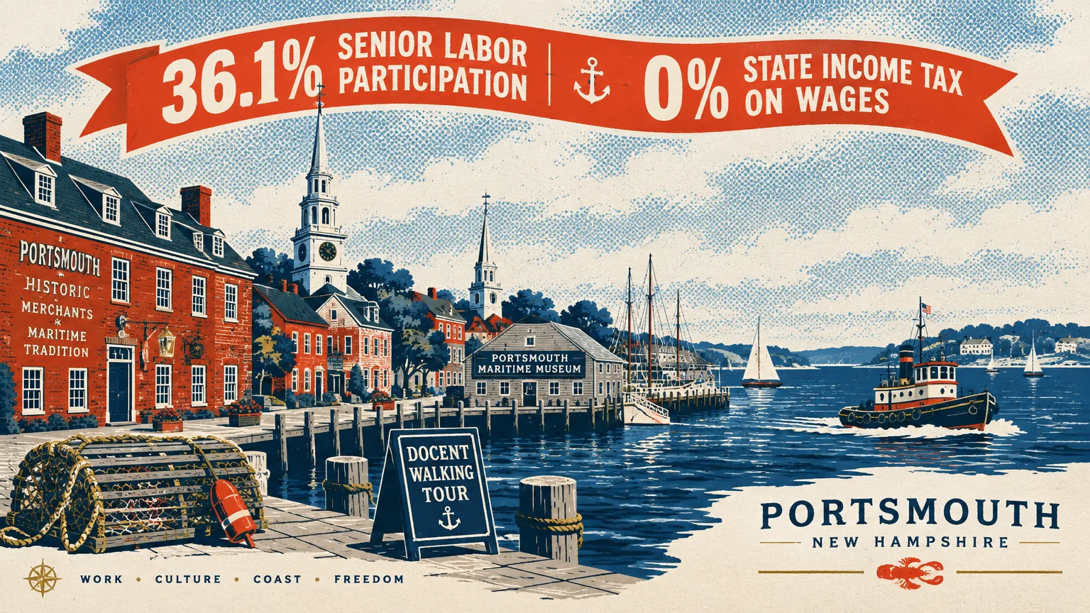 Screenprint illustration of Portsmouth harbor with historic brick buildings, boats, and a banner highlighting state statistics.
