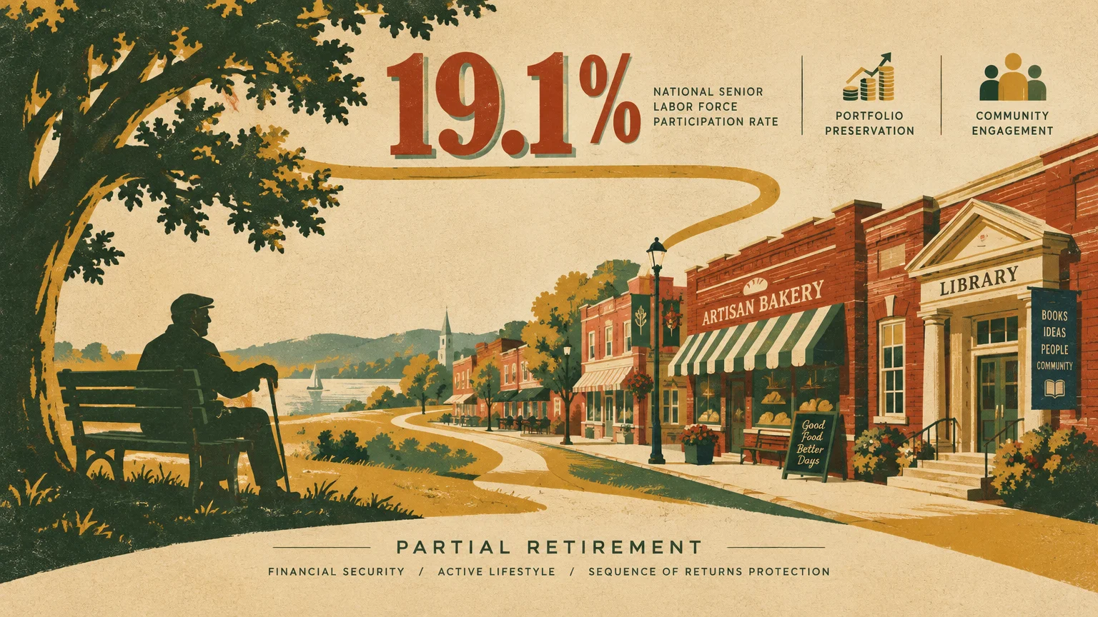 Screenprint of a man on a bench looking toward a lakeside town street beside a bakery, library, and 19.1% graphic.