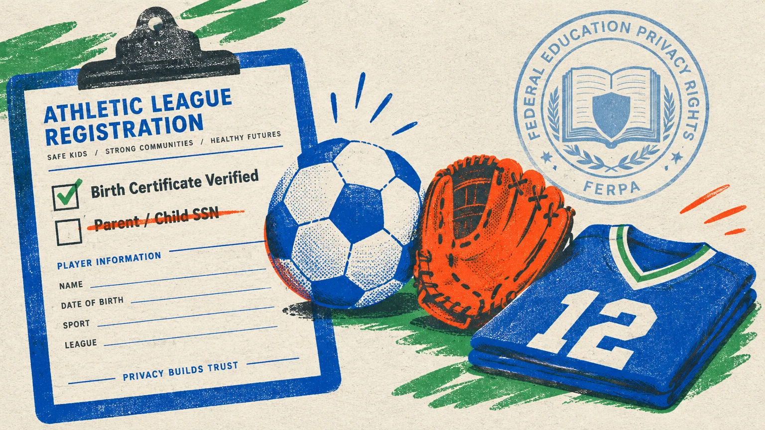 Clipboard with athletic registration form crossing out SSN, next to soccer ball, baseball mitt, and jersey.