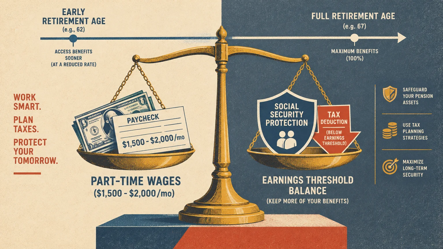 Illustration of a balance scale weighing part-time wages against Social Security protection and tax deductions.