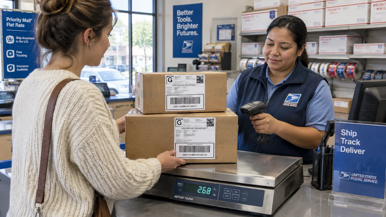 A postal worker scans shipping labels on cardboard boxes at a post office counter for a customer.