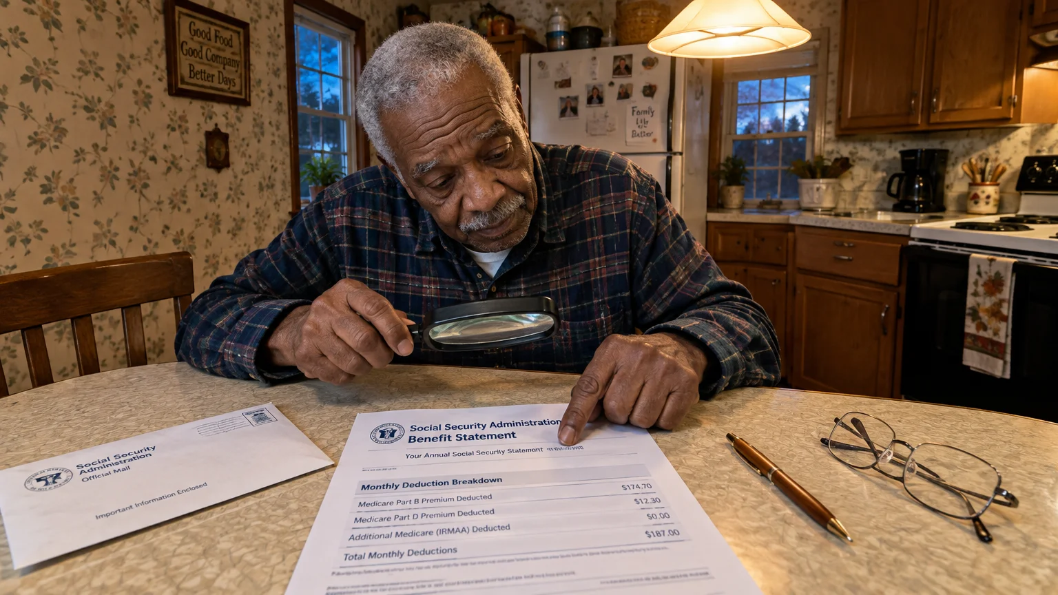 An older man uses a magnifying glass to inspect deduction lines on a Social Security Administration Benefit Statement.