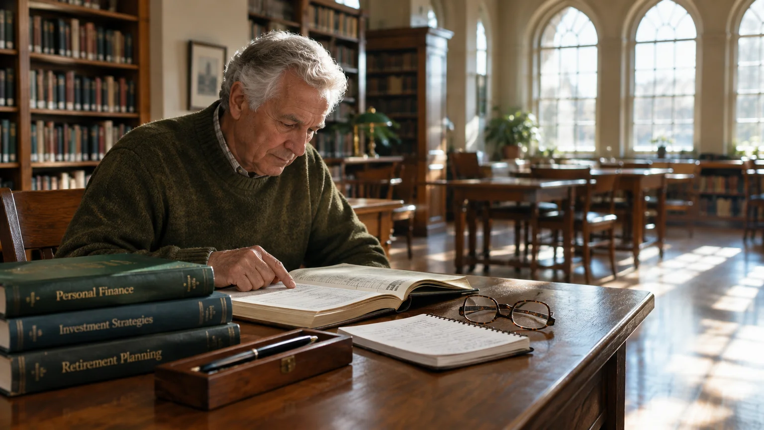 Senior man reading a large open book at a library desk beside a stack of books, notebook, and eyeglasses.