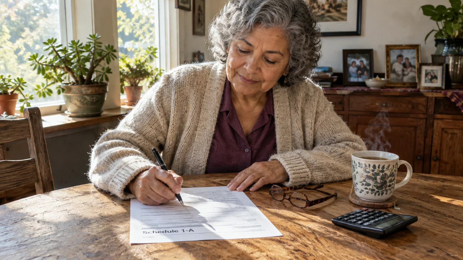Senior woman sitting at a wooden table filling out a tax form labeled Schedule 1-A with a pen, coffee mug nearby.